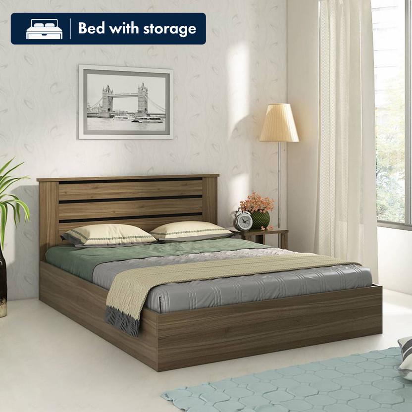 SPACEWOOD Engineered Wood Queen Box Bed, 205.5 cm x 160 cm (6.74 ft x 5.25 ft)(Finish Color - LYON WALNUT & NATURAL WENGE, Delivery Condition - Knock Down)
