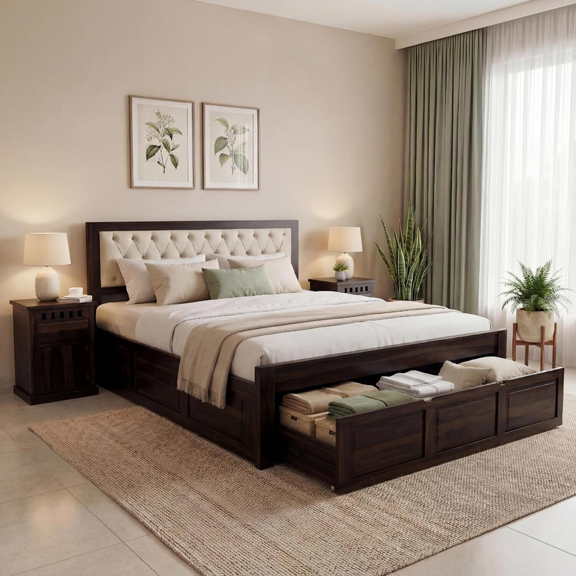 SONA ART & CRAFTS Zeus Sheesham Wood King Size Bed Drawer Storage Solid Wood King Drawer Bed, 208 cm x 188 cm (6.82 ft x 6.17 ft)(Finish Color - Walnut Finish_ Drawer, Delivery Condition - DIY(Do-It-Yourself))