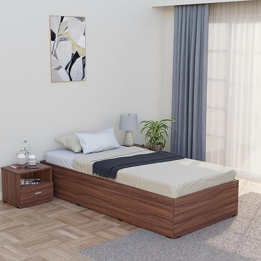 Aspirata Furniture Wooden Single Bed/Cot With Box Storage for Livingroom/Drawing room/Bedroom Engineered Wood Single Box Bed, 94 cm x 200 cm (3.08 ft x 6.56 ft)(Finish Color - Walnut Finish, Delivery Condition - DIY(Do-It-Yourself))