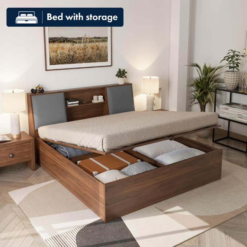 Wakefit Orion Engineered Wood King Hydraulic Bed, 223 cm x 191 cm (7.32 ft x 6.27 ft)(Finish Color - Bed (Columbian Walnut), Upholstery (Omega Grey), Hydraulic Storage, Delivery Condition - Knock Down)