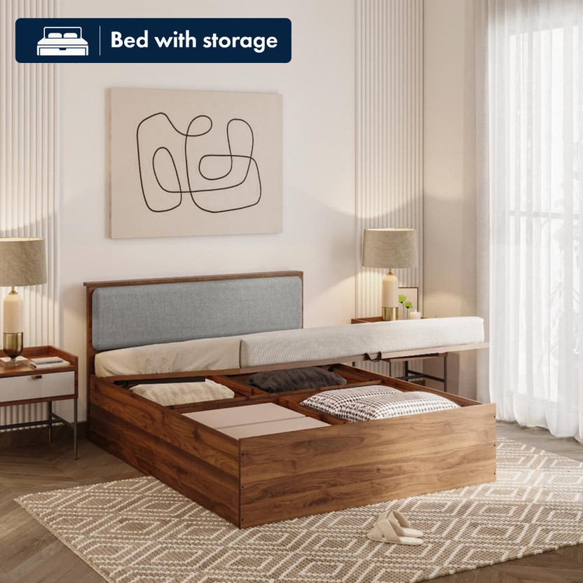 Wakefit Taurus Engineered Wood Queen Hydraulic Bed, 209 cm x 156 cm (6.86 ft x 5.12 ft)(Finish Color - Bed (Columbian Walnut), Upholstery (Omega Grey), Hydraulic Storage, Delivery Condition - Knock Down)