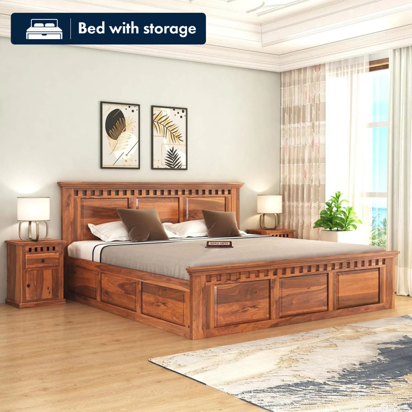 SONA ART & CRAFTS Kuber Sheesham Wood King Size Bed with Storage Box Solid Wood King Box Bed, 208 cm x 190 cm (6.82 ft x 6.23 ft)(Finish Color - Natural Finish_ Box, Delivery Condition - DIY(Do-It-Yourself))