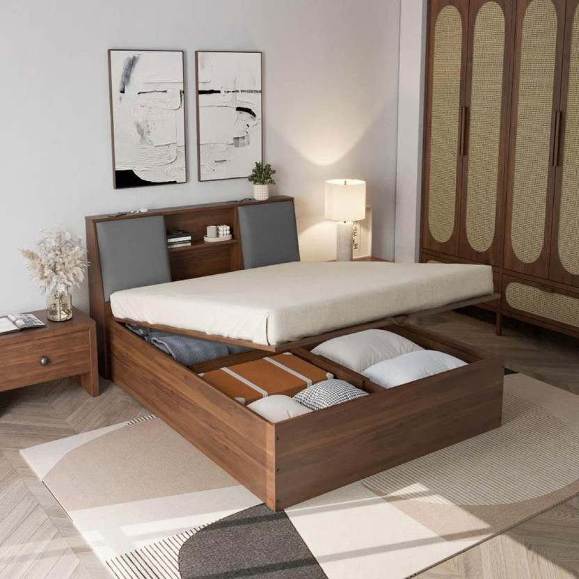 Wakefit Orion Engineered Wood Queen Hydraulic Bed, 223 cm x 160 cm (7.32 ft x 5.25 ft)(Finish Color - Bed (Columbian Walnut), Upholstery (Omega Grey), Hydraulic Storage, Delivery Condition - Knock Down)