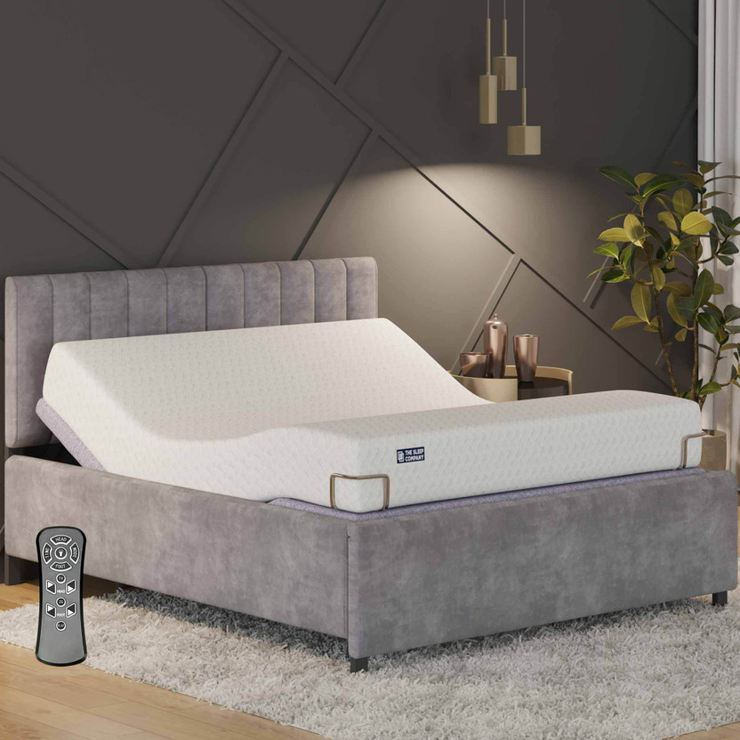 The Sleep Company Elev8 Smart Adjustable Bed Base with Italia Grey Frame Queen Size Metal Queen Bed, 152.4 cm x 198.1 cm (5.0 ft x 6.5 ft)(Finish Color - Black, Delivery Condition - DIY(Do-It-Yourself))
