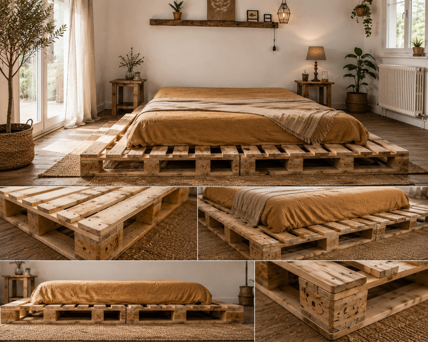 Wakeflow Elegant pallet platform 4x3 designed luxury, comfort,natural aesthetic bedroom Engineered Wood Double Bed, 122 cm x 92 cm (4.0 ft x 3.02 ft)(Finish Color - beige, Delivery Condition - DIY(Do-It-Yourself))