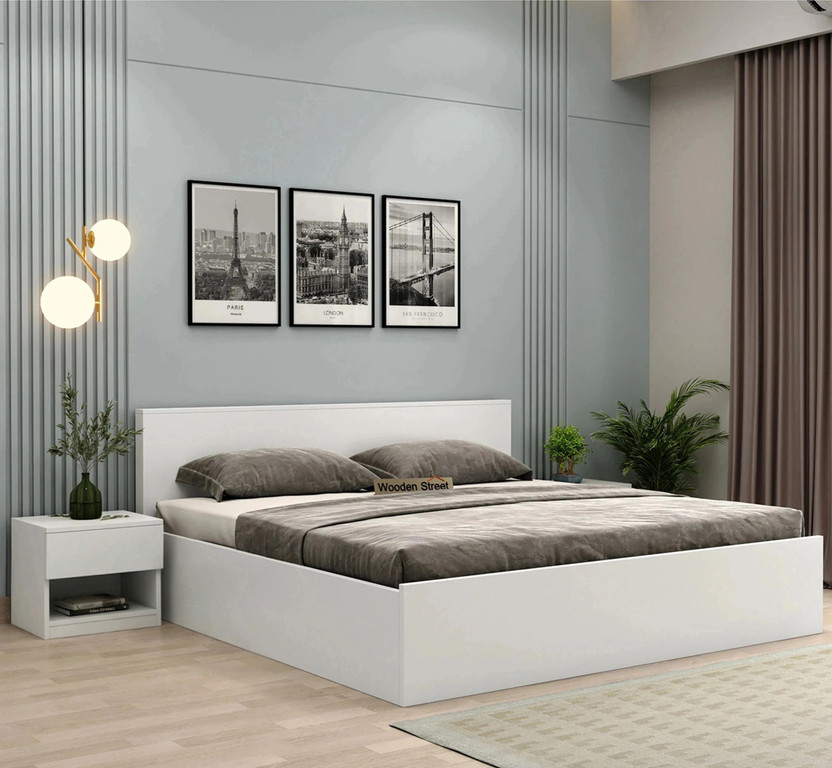 Wooden Street Harper Bed with Box Storage Bed With Headboard Engineered Wood King Box Bed, 208.2 cm x 187.9 cm (6.83 ft x 6.16 ft)(Finish Color - BOX-FROSTY-WHITE, Delivery Condition - Knock Down)