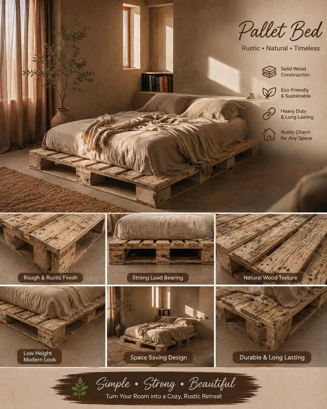The lkea Solid Pine Wood Pallet Double Bed 4×6 Ft Wooden Bed Frame Modern Rustic bed Engineered Wood Double Bed, 91 cm x 91 cm (2.99 ft x 2.99 ft)(Finish Color - lkea brown, Delivery Condition - DIY(Do-It-Yourself))