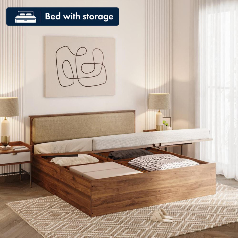 Wakefit Taurus Engineered Wood King Hydraulic Bed, 210 cm x 191 cm (6.89 ft x 6.27 ft)(Finish Color - Bed (Columbian Walnut), Upholstery (Omega Pearl), Hydraulic Storage, Delivery Condition - Knock Down)