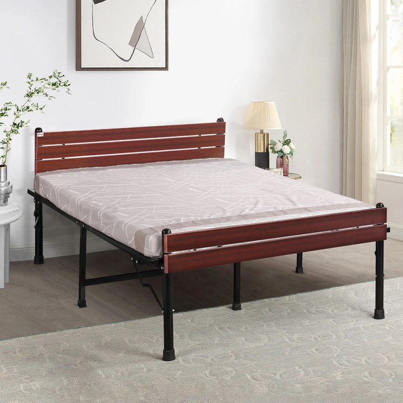 Delite Kom Astra Foldable Metal Double Bed (6.7x4ft) with Engineered Wood Headboard, Strong Metal Double Bed, 204.5 cm x 122 cm (6.71 ft x 4.0 ft)(Finish Color - Black_Mahogany, Delivery Condition - Pre-assembled)