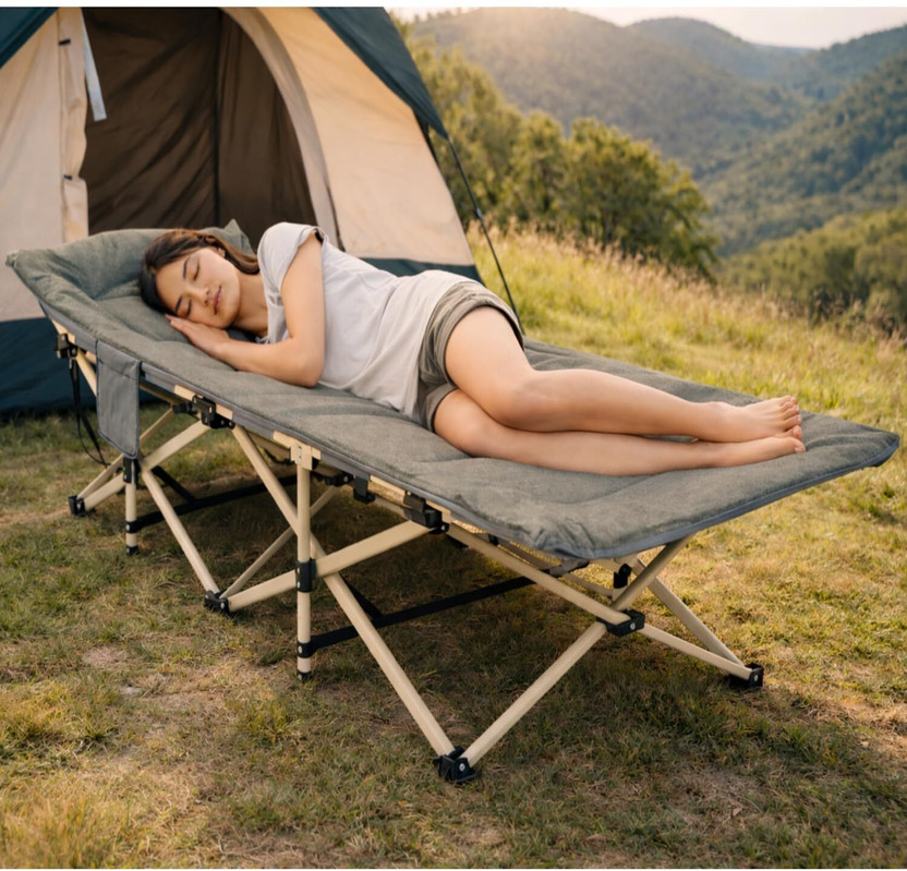 Nasmodo Folding Camping Sleeping Bed Adjustable Folding Bed Single Outdoor Bed Metal Single NA Bed, 190 cm x 68 cm (6.23 ft x 2.23 ft)(Finish Color - Green,  (Mattress Included), Delivery Condition - DIY(Do-It-Yourself))