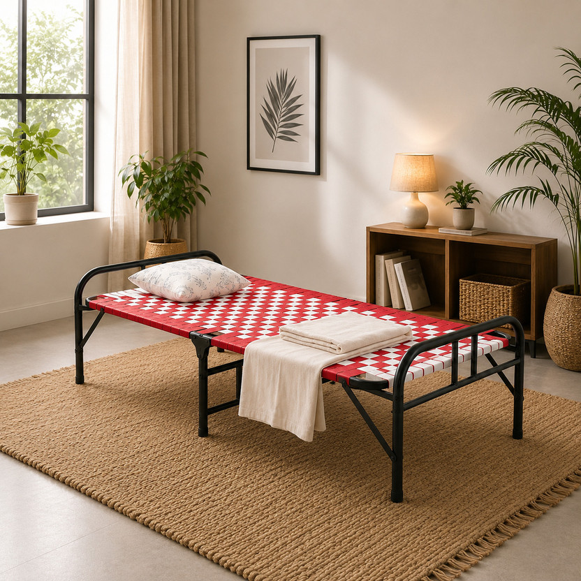 Malik Enterprises Folding Cot Bed 6 Feet by 3 Feet | Portable Single Sleeping Cot Metal Frame Blue Metal Single Bed, 90 cm x 60 cm (2.95 ft x 1.97 ft)(Finish Color - Red, Delivery Condition - Pre-assembled)