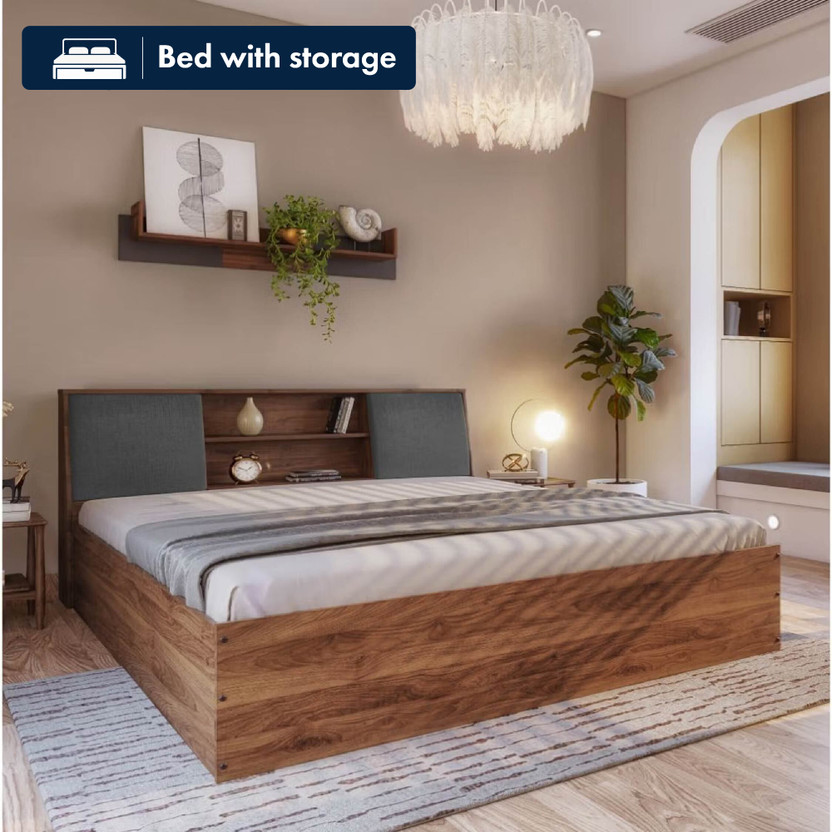 Wakefit Orion Upholstered Engineered Wood Queen Box Bed, 223 cm x 160.5 cm (7.32 ft x 5.27 ft)(Finish Color - Bed (Columbian Walnut), Upholstery (Omega Grey), Delivery Condition - Knock Down)