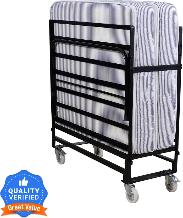 SPRINGTEK Folding Rollaway with 6 inches Mattress Metal Single Bed, 191 cm x 92 cm (6.27 ft x 3.02 ft)(Finish Color - Black,  (Mattress Included), Delivery Condition - Pre-assembled)