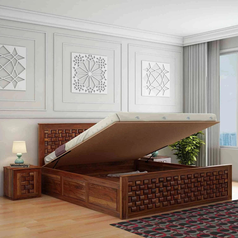 WOODENJOY Sheesham Wood Queen Bed/Wooden Bed With Hydraulic Storage/Wooden Palaung Solid Wood Queen Hydraulic Bed, 204.47 cm x 158.75 cm (6.71 ft x 5.21 ft)(Finish Color - Natural-1, Delivery Condition - DIY(Do-It-Yourself))