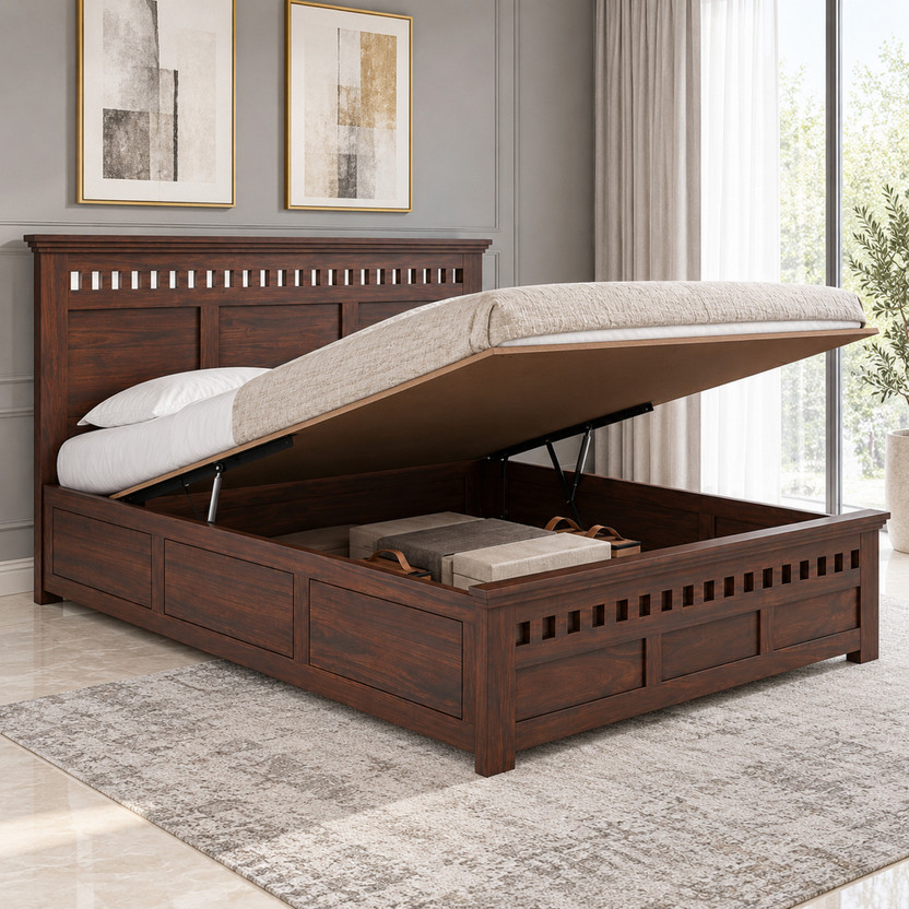 Ganpati Arts Armania Sheesham Wood Bed/Cot With Hydraulic Storage | Bamboo King Hydraulic Bed, 208.788 cm x 198.12 cm (6.85 ft x 6.5 ft)(Finish Color - Walnut-HYD, Delivery Condition - Knock Down)
