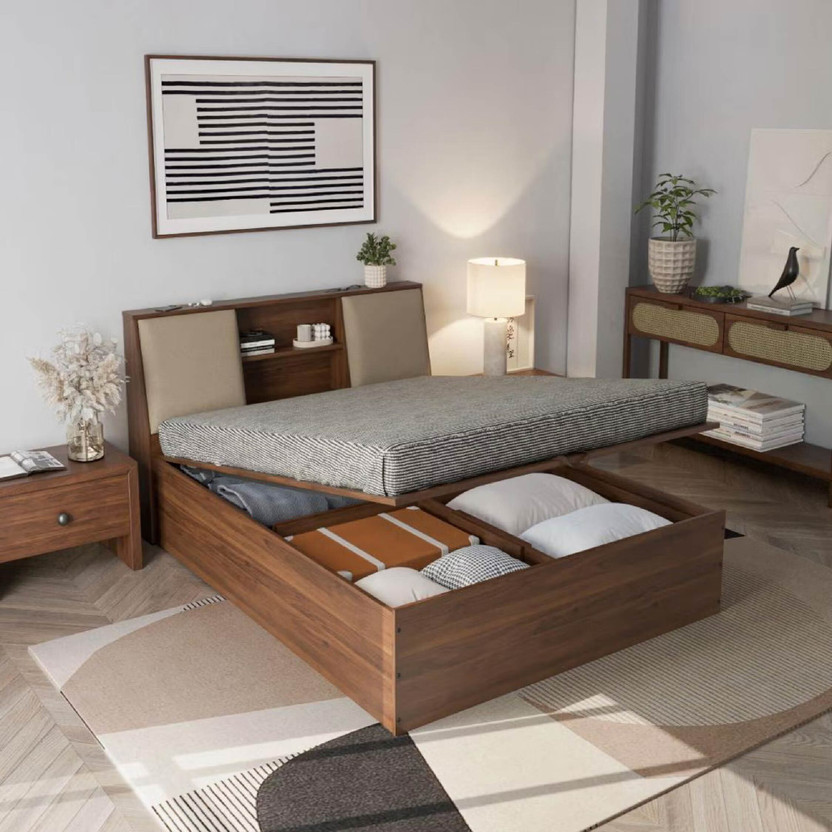 Wakefit Orion Engineered Wood Queen Hydraulic Bed, 223 cm x 160 cm (7.32 ft x 5.25 ft)(Finish Color - Bed (Columbian Walnut), Upholstery (Omega Pearl), Hydraulic Storage, Delivery Condition - Knock Down)