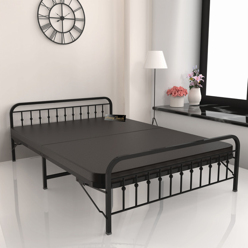 HoneyTouch Nova Folding Double Bed with Mattress | No Assembly Required | Metal Double Bed, 190 cm x 122 cm (6.23 ft x 4.0 ft)(Finish Color - Black,  (Mattress Included), Delivery Condition - Pre-assembled)