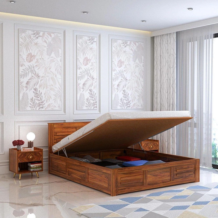 Ganpati Arts Sheesham Wood Swiss Bed/Wooden Cot With Hydraulic Storage Bed For Bedroom/Home Solid Wood King Hydraulic Bed, 205 cm x 190 cm (6.73 ft x 6.23 ft)(Finish Color - Natural Finish-HYD, Delivery Condition - DIY(Do-It-Yourself))