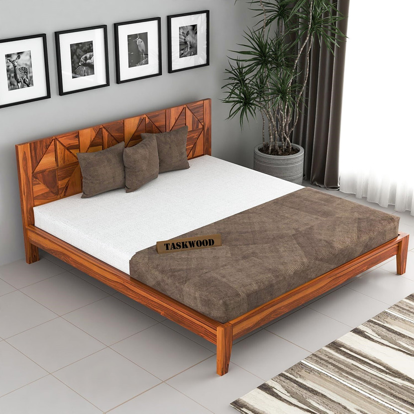 Taskwood Furniture Solid Sheesham Wood Wooden King Size Bed With CNC Design Headboard For Bedroom. Solid Wood King Bed, 205 cm x 187 cm (6.73 ft x 6.14 ft)(Finish Color - Honey Teak Finish, Delivery Condition - DIY(Do-It-Yourself))