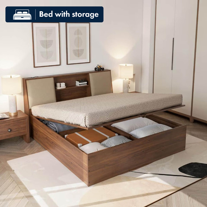 Wakefit Orion Engineered Wood King Hydraulic Bed, 223 cm x 191 cm (7.32 ft x 6.27 ft)(Finish Color - Bed (Columbian Walnut), Upholstery (Omega Pearl), Hydraulic Storage, Delivery Condition - Knock Down)