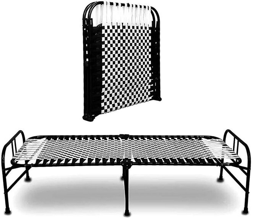 Nandeksha Niwar Charpai Khatiya Bed for Sleeping Metal Single Bed Metal Single Bed, 88 cm x 182 cm (2.89 ft x 5.97 ft)(Finish Color - Synthetic Stripe, Black and White, Delivery Condition - Pre-assembled)