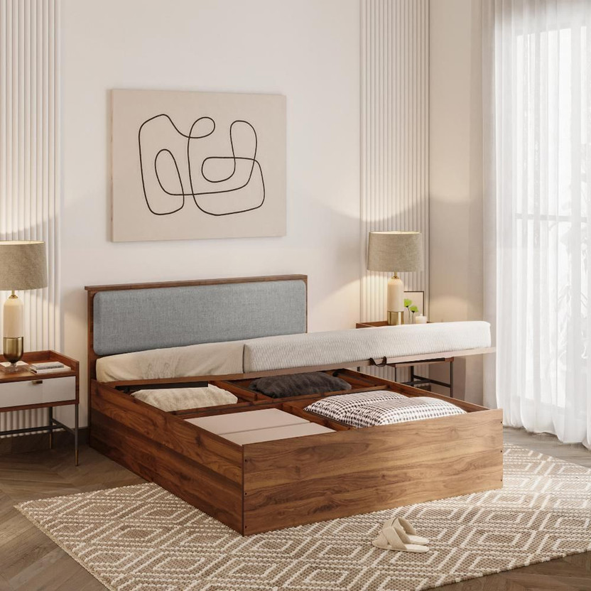 Wakefit Taurus Engineered Wood Queen Hydraulic Bed, 209 cm x 156 cm (6.86 ft x 5.12 ft)(Finish Color - Bed (Columbian Walnut), Upholstery (Omega Grey), Hydraulic Storage, Delivery Condition - Knock Down)