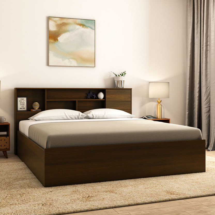 Nilkamal Mozart Headboard Storage Engineered Wood Queen Box Bed, 218.5 cm x 161.8 cm (7.17 ft x 5.31 ft)(Finish Color - Walnut, Delivery Condition - Knock Down)