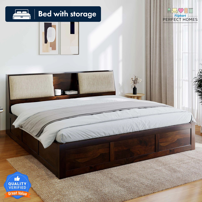 Flipkart Perfect Homes Stout with Storage Headboard Solid Wood Queen Box Bed, 220 cm x 158 cm (7.22 ft x 5.18 ft)(Finish Color - Dark Walnut, Delivery Condition - Knock Down)