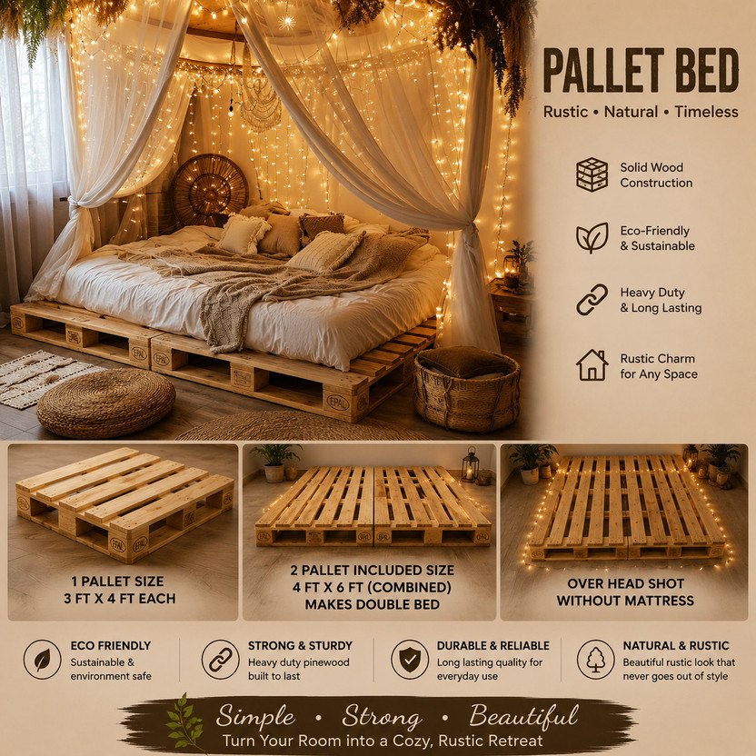 Wakeflow Nordic Solid Pine Wood Pallet Bed Minimalist Platform Floor Frame Natural Finish Solid Wood Double Bed, 122 cm x 92 cm (4.0 ft x 3.02 ft)(Finish Color - beige, Delivery Condition - DIY(Do-It-Yourself))