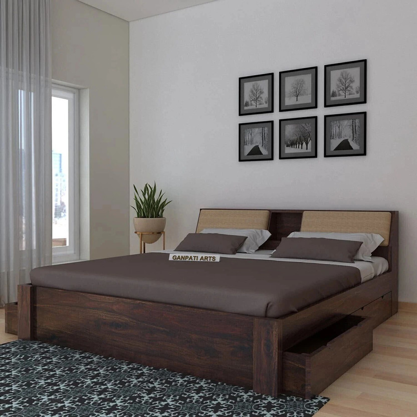 Ganpati Arts Sheesham Wood Mayor Bed For Bedroom/Wooden Cot/Bed With Drawer Storage For Home Solid Wood King Drawer Bed, 223 cm x 187 cm (7.32 ft x 6.14 ft)(Finish Color - Walnut_4D, Delivery Condition - DIY(Do-It-Yourself))
