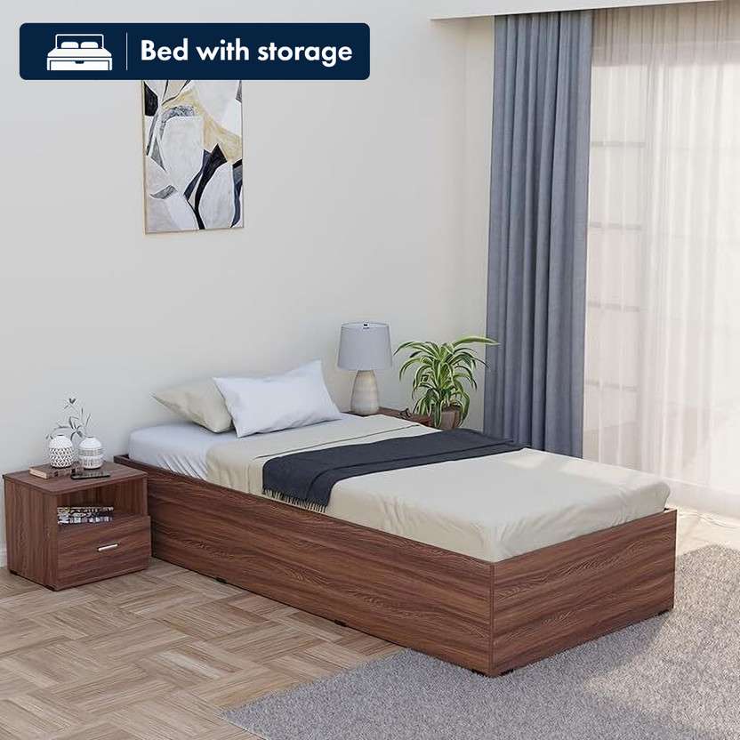 Aspirata Furniture Wooden Single Bed/Cot With Box Storage for Livingroom/Drawing room/Bedroom Engineered Wood Single Box Bed, 94 cm x 200 cm (3.08 ft x 6.56 ft)(Finish Color - Walnut Finish, Delivery Condition - DIY(Do-It-Yourself))