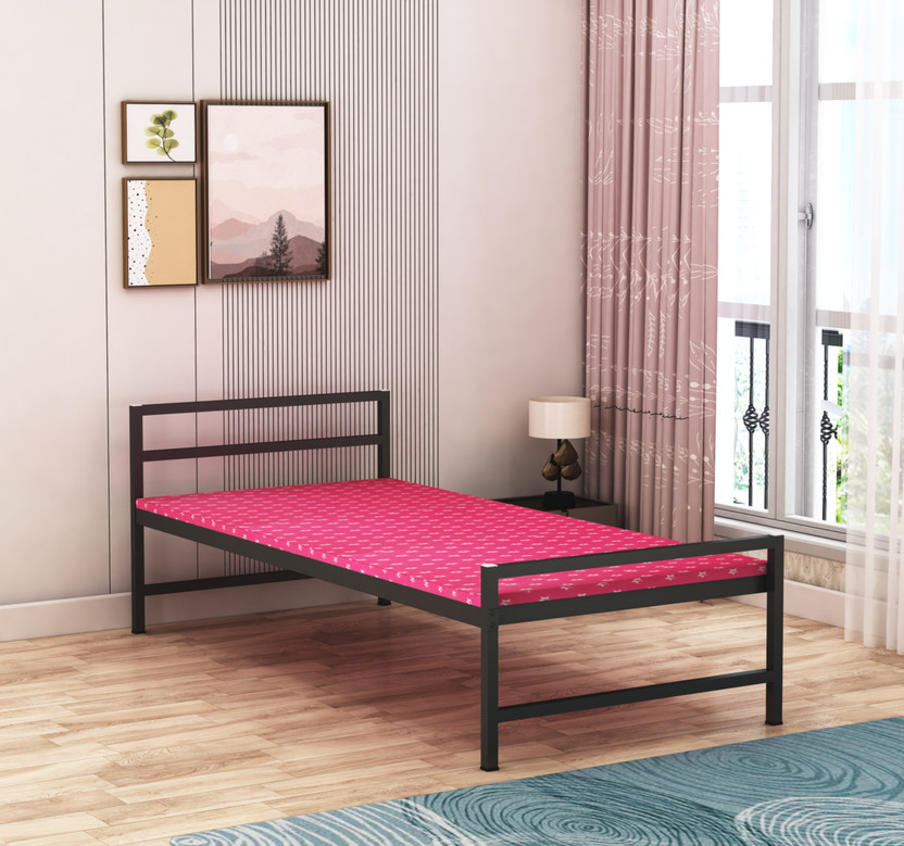 Ziaula Iron Metal Bed With Attached Foam Mattress Covered With Coated Fabric Metal Double Bed, 186 cm x 119 cm (6.1 ft x 3.9 ft)(Finish Color - Black,  (Mattress Included), Delivery Condition - DIY(Do-It-Yourself))