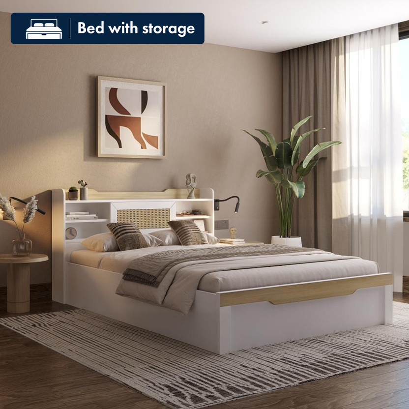 Wakefit Halos Engineered Wood Queen Box Bed, 224.3 cm x 160.5 cm (7.36 ft x 5.27 ft)(Finish Color - Frosty White, Delivery Condition - Knock Down)