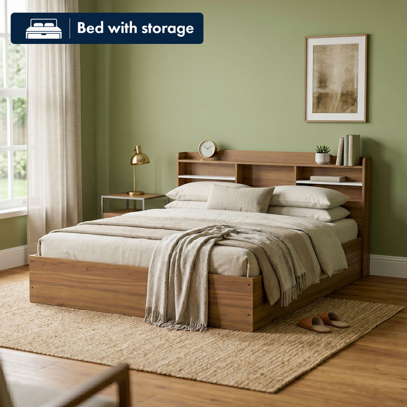NEUDOT TATUM Engineered Wood King Box Bed, 217 cm x 194 cm (7.12 ft x 6.36 ft)(Finish Color - TEAK, Delivery Condition - Knock Down)
