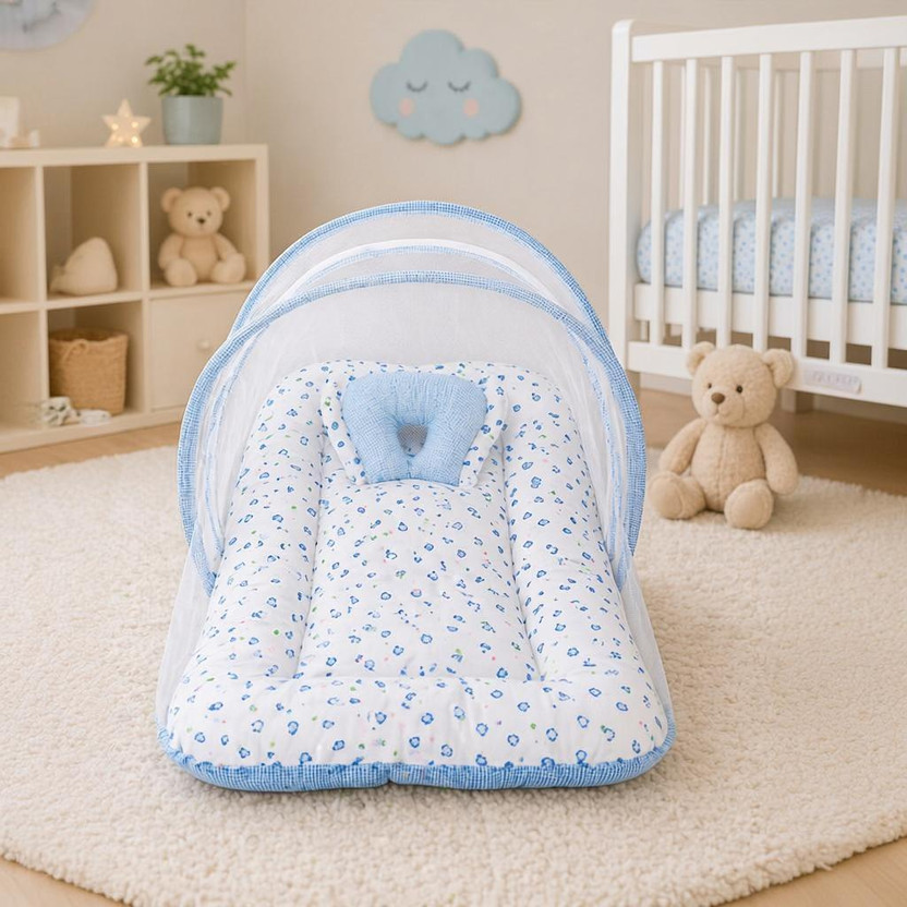 TinyJoy Cotton Baby Bed Sized Bedding Set(Blue, 1 Baby Mosquito Net Bed)