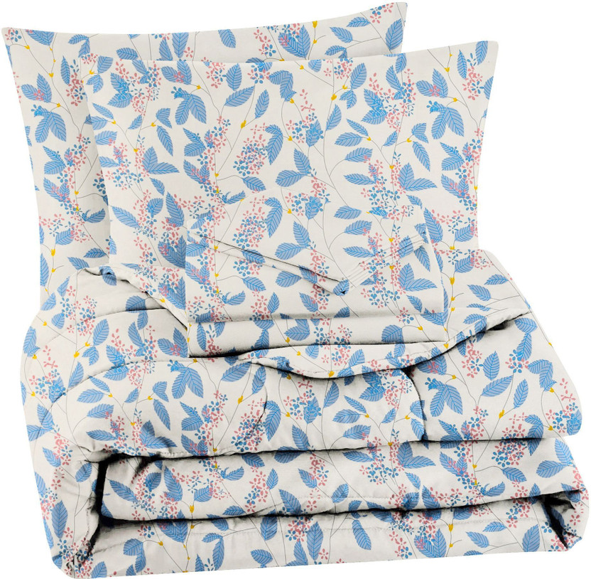 BSB HOME Microfiber Double Sized Bedding Set(Off White & Blue, Complete 4pcs Bedding Set | 1 Reversible Comforter | 1 Double Bed Sheet | 2 Pillow Covers)