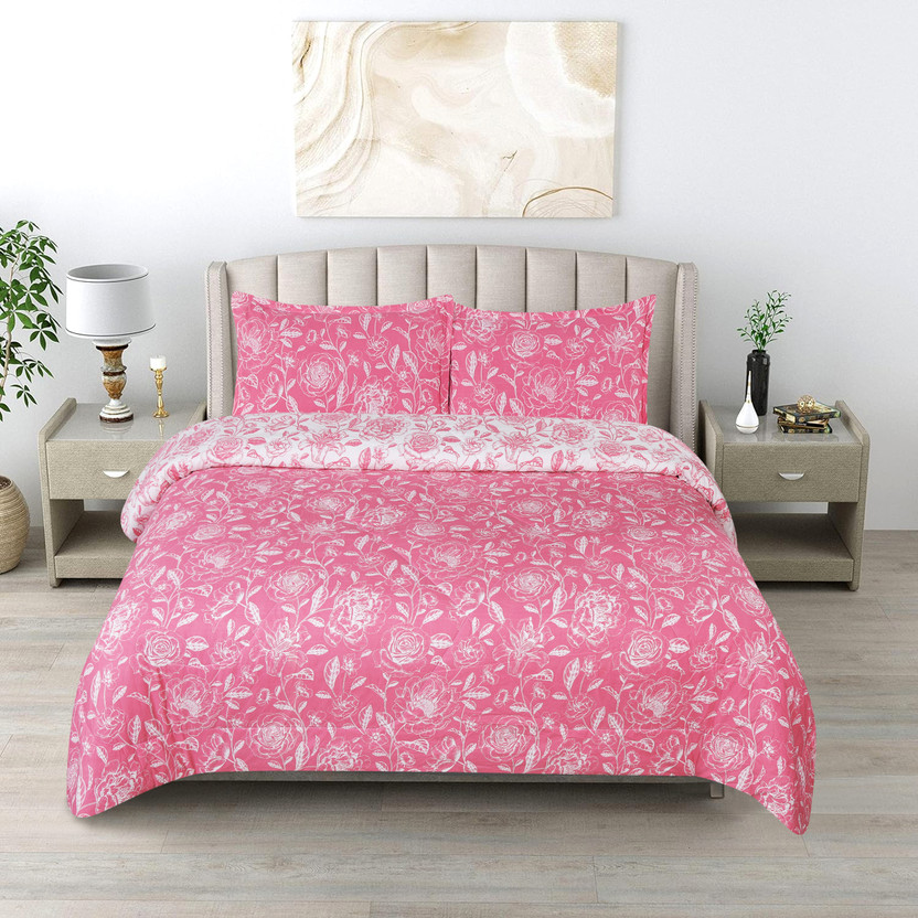 CARLTON LONDON Microfiber Queen Sized Bedding Set(Pink, White, Pack Of 4)