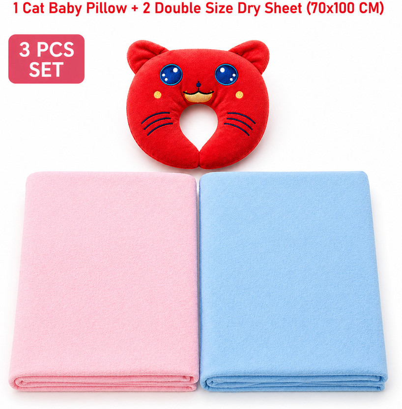 MimiLap Velvet, Cotton Double Sized Bedding Set(Multicolor, 2 Dry Sheets (70x50 cm each), Cat Baby Pillow)