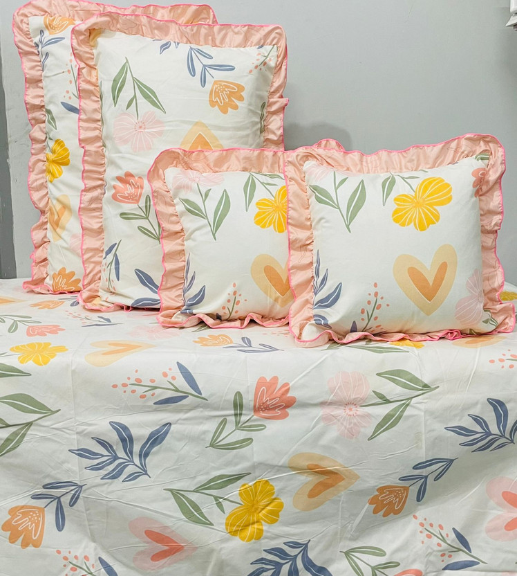 BREVRAD BREVRAD Polycotton Queen Sized Bedding Set(Multicolor, 1 Double Bedsheet With 2 Pillow Covers and 2 Filled Cushions with beautiful Frill) - Flipkart Deal