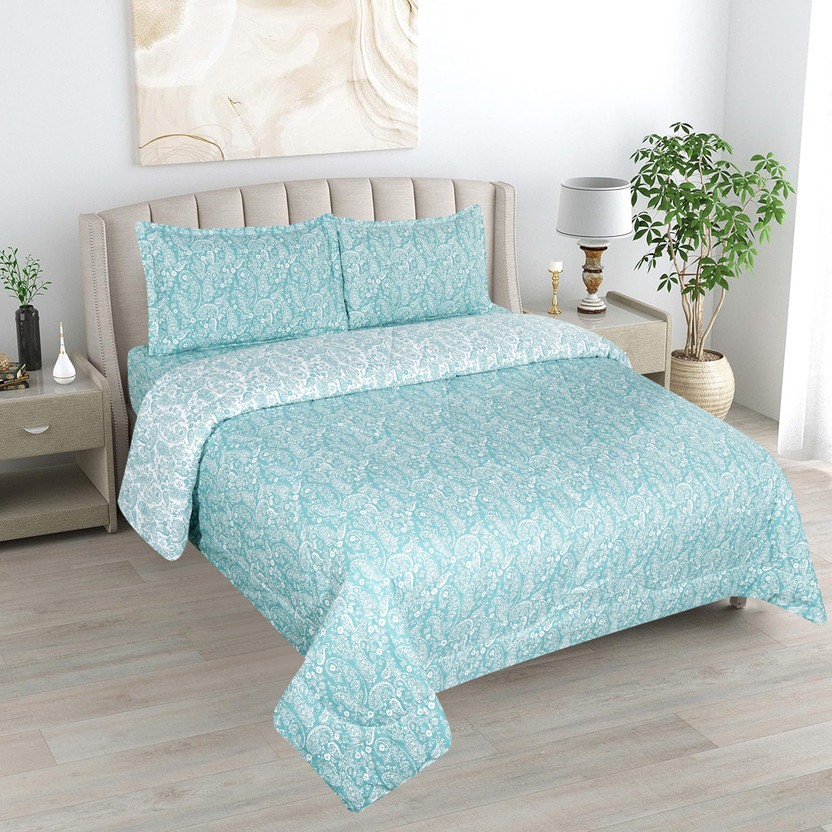 CARLTON LONDON Microfiber Queen Sized Bedding Set(Sea Green, White, Pack Of 4)
