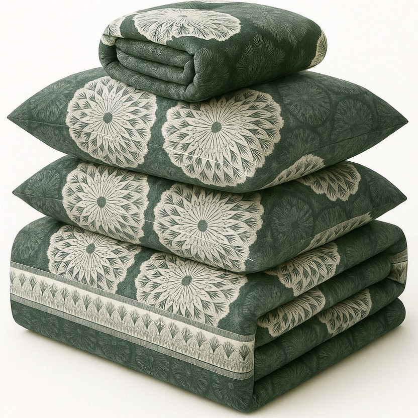 VAS COLLECTIONS Fleece Double Sized Bedding Set(Green For Winter, 1 Warm Quilt, 1 Warm Bedsheet, 2 Pillow Covers)