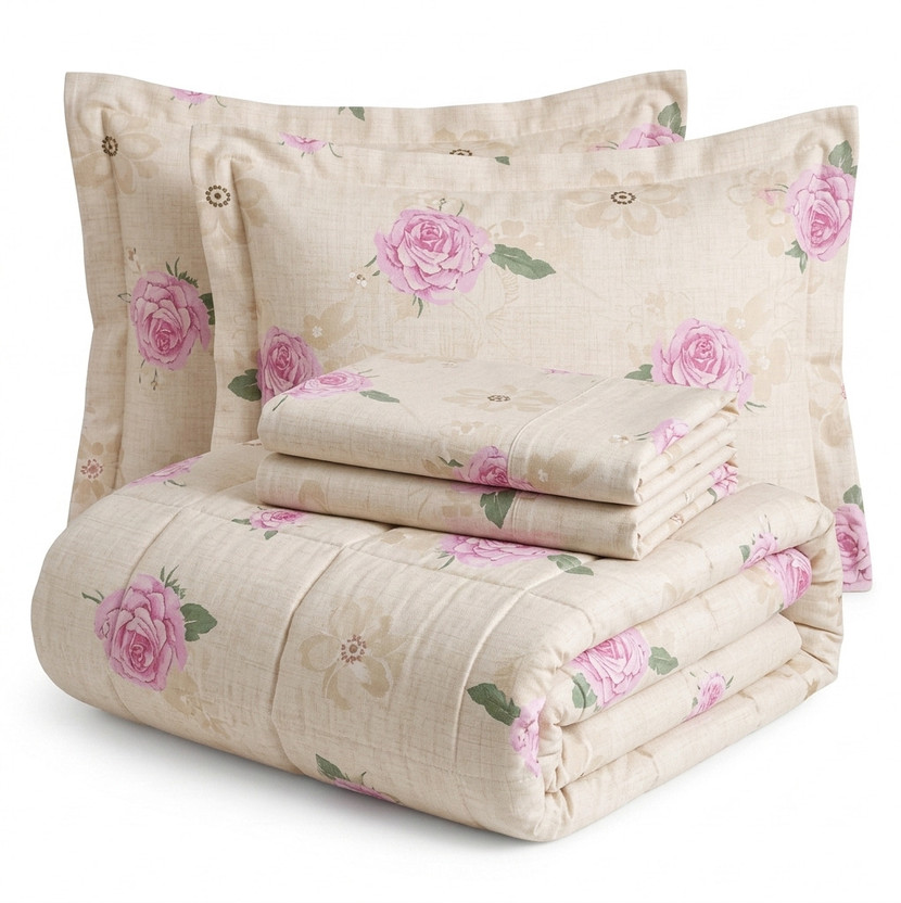 Indian Weavers home store Cotton Double Sized Bedding Set(Cream , Pink, 1 Comforter & 1 Bed Flat Bedsheet With 2 Pillow Covers)