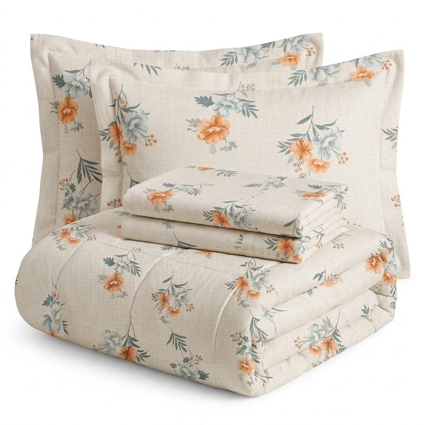 Indian Weavers home store Cotton Double Sized Bedding Set(Beige , Orange, 1 Comforter & 1 Bed Flat Bedsheet With 2 Pillow Covers)