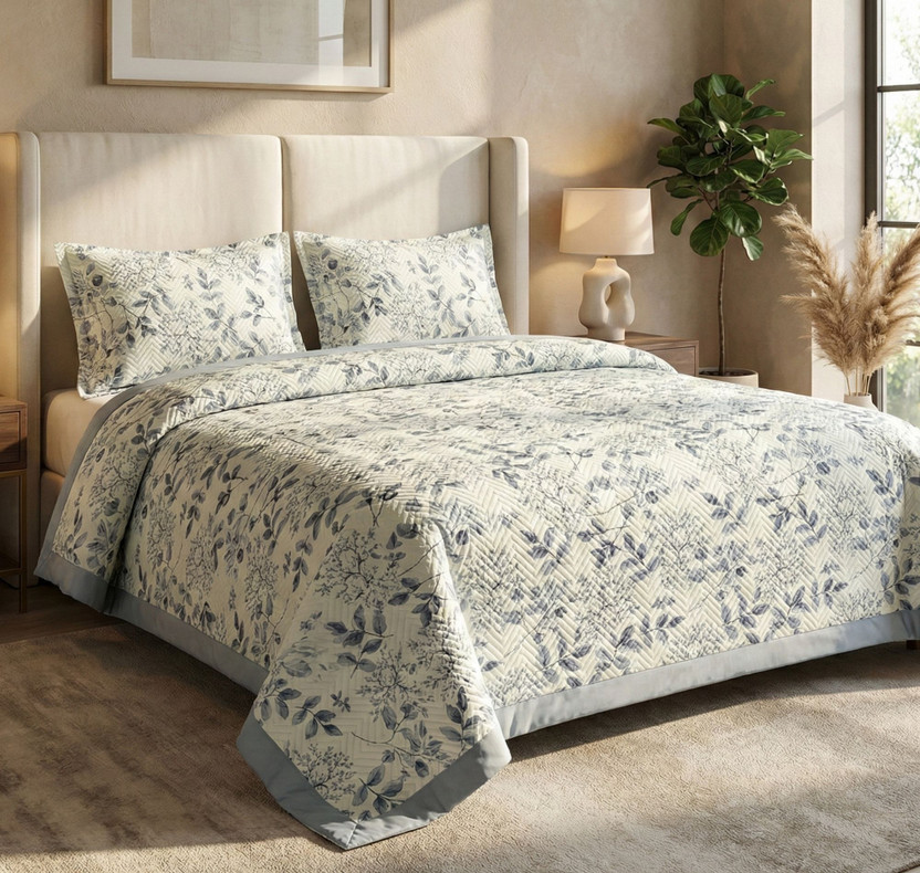BSB HOME Cotton Double King Sized Bedding Set(Off White & Grey, 1 King Size Bed Cover, 2 Pillow Covers)