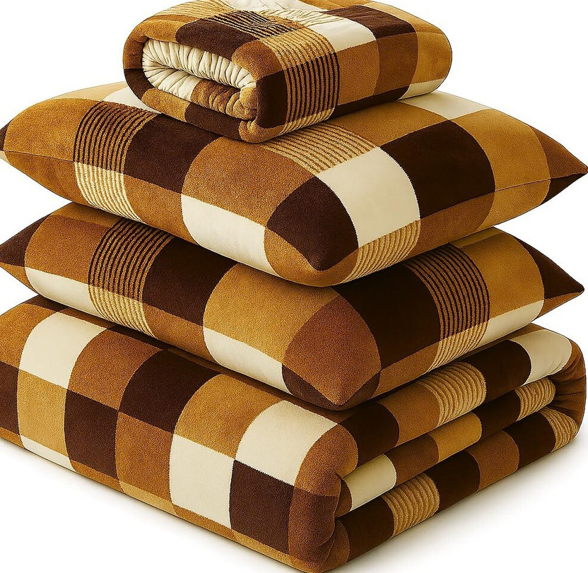 VAS COLLECTIONS Fleece Double Sized Bedding Set(Beige, 1 Warm Quilt, 1 Warm Bedsheet, 2 Pillow Covers)