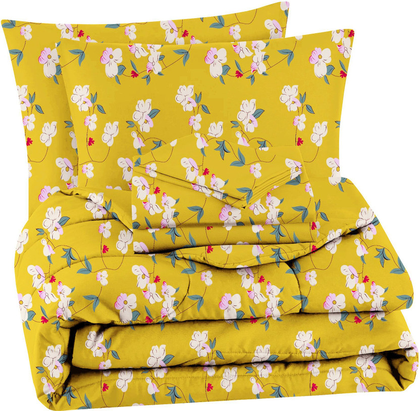 VAS COLLECTIONS Cotton Double King Sized Bedding Set(Yellow, 4PCS Set 1 Comforter 1 Bedsheet 2 Pillow Cover)