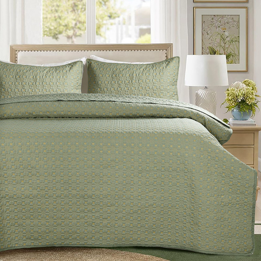 SANMARINO Cotton King Sized Bedding Set(Light Green, 1 Pcs Quilted Bedspread With 2 Pillow Cover)