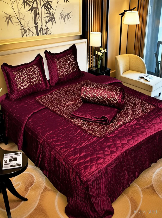Barbican Satin Double King Sized Bedding Set(Maroon, 1 Bedsheet, 2 Pillow Cover)