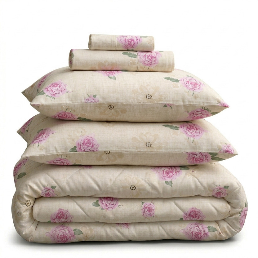 Indian Weavers home store Cotton Double Sized Bedding Set(Cream , Pink, 1 Bedsheet 2 Pillow)