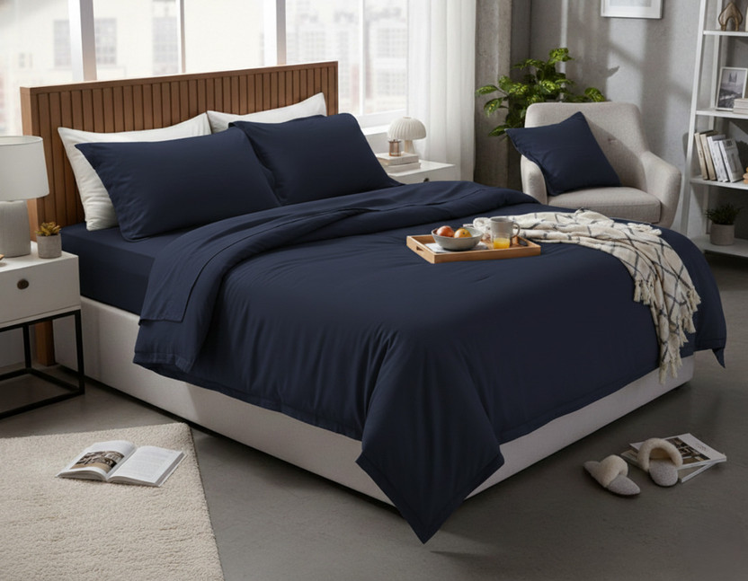 Homerica Microfiber Double Sized Bedding Set(Navy Blue, COMFORTER, BEDSHEET, PILLOW COVERS)